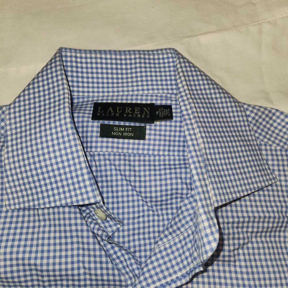 Lauren Ralph Lauren Mens 16 34/35 Slim Fit Non Iron Gingham Dress Shirt Blue
